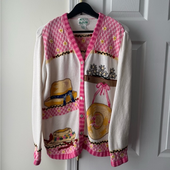 Quacker Factory Sweaters - Quacker Factory pink and white cardigan with floral and hat designs. Size L
